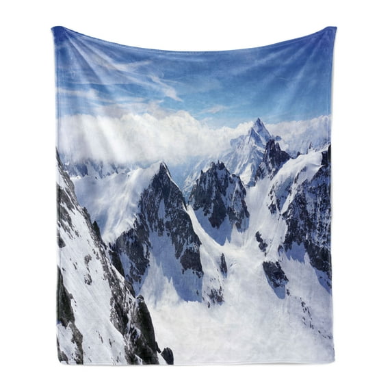 Winter Soft Flannel Fleece Throw Blanket, Snowy Mountain Peaks Tops High Lands Northern Scenic Alps Panorama Valley Print, Cozy Plush for Indoor and Outdoor Use, 70" x 90", White Blue, by Ambesonne