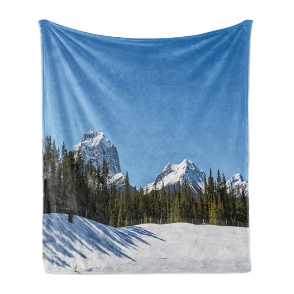 Winter Soft Flannel Fleece Throw Blanket, Snowy Mountains with Peaks and Forest View Under Early Sunlight, Cozy Plush for Indoor and Outdoor Use, 50" x 60", Sea Blue White, by Ambesonne