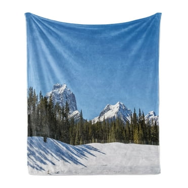 Winter Soft Flannel Fleece Throw Blanket, Snowy Mountains with Peaks and Forest View Under Early Sunlight, Cozy Plush for Indoor and Outdoor Use, 70" x 90", Sea Blue White, by Ambesonne