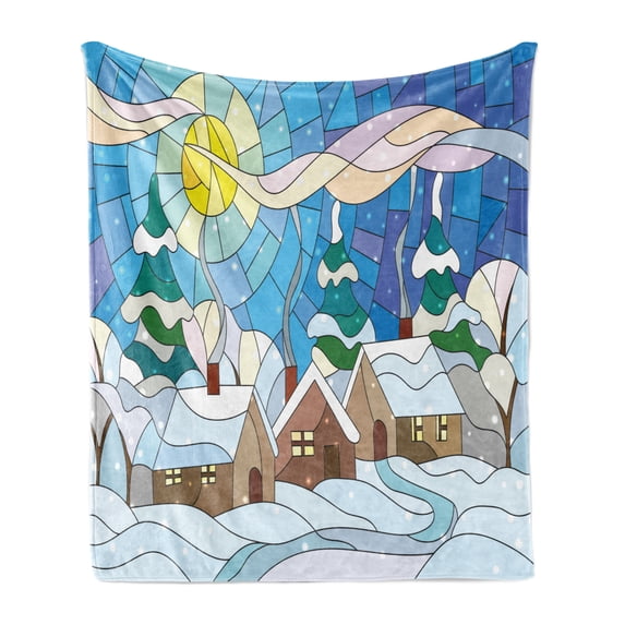 Winter Soft Flannel Fleece Throw Blanket, Stained Glass Inspired Art with Cold Snowy Weather Village with Smoking Chimneys, Cozy Plush for Indoor and Outdoor Use, 70" x 90", Multicolor, by Ambesonne