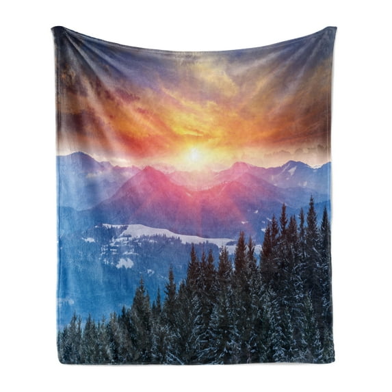 Winter Soft Flannel Fleece Throw Blanket, Sunset in Mountains with Hazy Sky with Dawn Horizon Theme, Cozy Plush for Indoor and Outdoor Use, 50" x 70", Orange Blue, by Ambesonne