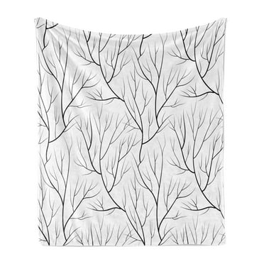 Winter Soft Flannel Fleece Throw Blanket, Winter Tree Without Leaves Nature Theme Delicate Branches Pattern Japanese Style, Cozy Plush for Indoor and Outdoor Use, 50" x 60", White Black, by Ambesonne