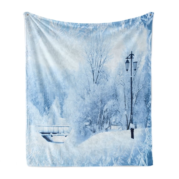 Winter Soft Flannel Fleece Throw Blanket, Winter Trees in Wonderland Theme Christmas New Year Scenery Freezing Icy Weather, Cozy Plush for Indoor and Outdoor Use, 50" x 70", Blue White, by Ambesonne