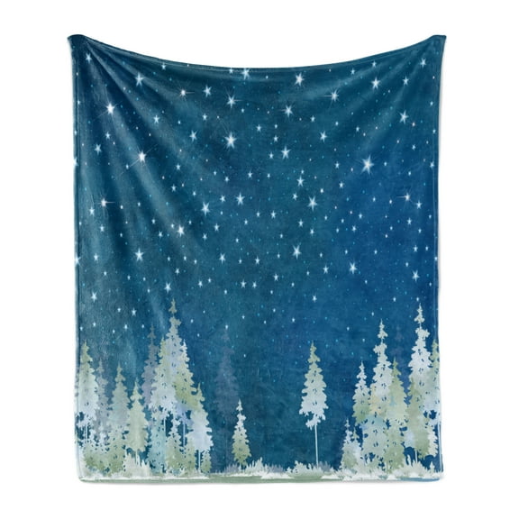 Winter Soft Flannel Fleece Throw Blanket, Xmas Starry Sky Night and Forest Backdrop Along Birch Pine Trees, Cozy Plush for Indoor and Outdoor Use, 70" x 90", Petrol Blue and Mint Green, by Ambesonne