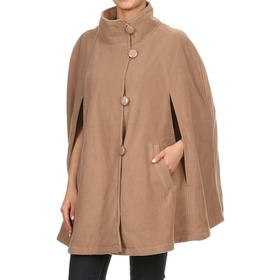 Winter Soft Fleece Button Front Cape Poncho Coat with Armholes and Pockets - CAMEL