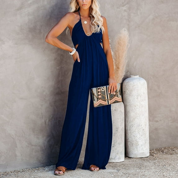 Winter Solid Color Wide Leg Jumpsuits for Women Sleeveless Hollow Out Waist Rompers Overalls Halter Neck Floor Length One Piece Outfits Pants