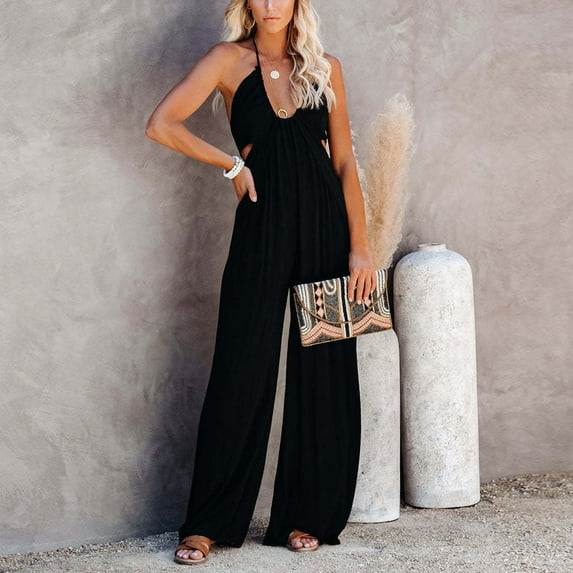 Winter Solid Wide Leg Jumpsuits for Women Sleeveless Hollow Out Waist Rompers Overalls Halter Neck Floor Length One Piece Outfits Pants