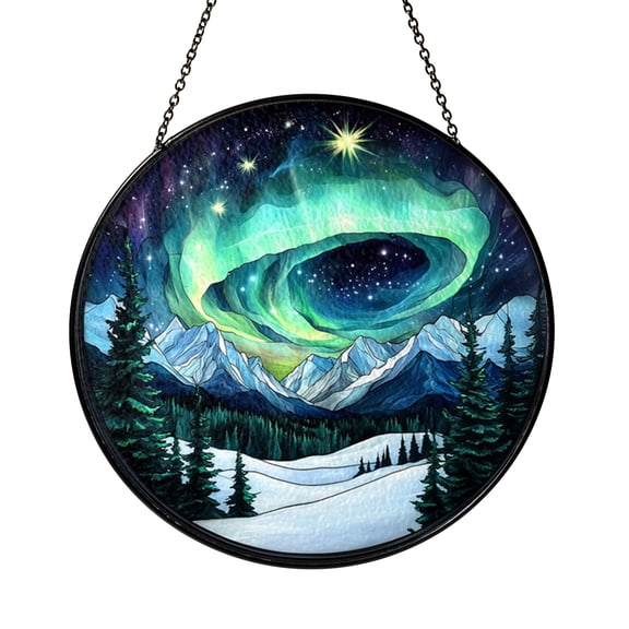 Winter Solstice Aurora Stained Glass Suncatcher, Arctic Sky Window Hanging, Cabin Nature Decor