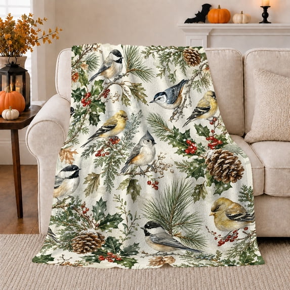 Winter Songbirds Snowy Pine Branches Realistic Watercolor, Festive Bird Art Scene, Warm Flannel Blanket for Living Room and Reading Nook, Bird Lovers Friendship Gift, Artistic Home Decor