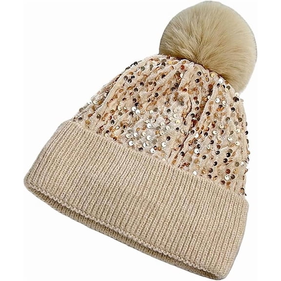 Winter Sparkly Sequin Fur Pom Beanie, Women Sequin Knitted Skull Cap(Beige)