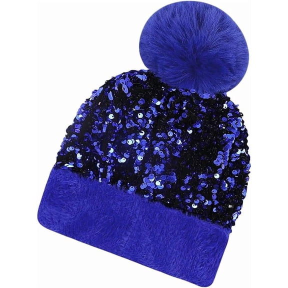 Winter Sparkly Sequin Fur Pom Beanie, Women Sequin Knitted Skull Cap(Blue)