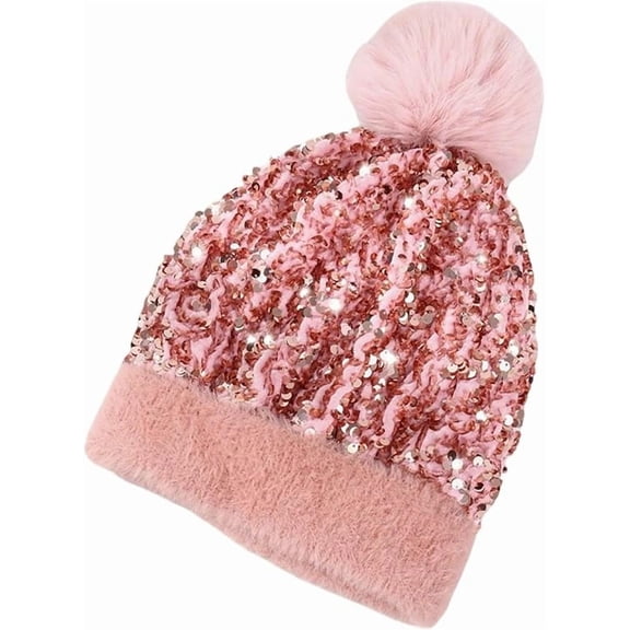 Winter Sparkly Sequin Fur Pom Beanie, Women Sequin Knitted Skull Cap(Pink-a)