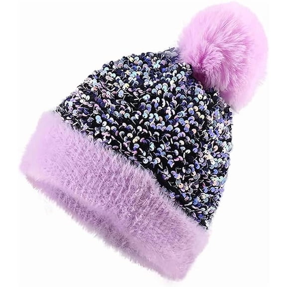 Winter Sparkly Sequin Fur Pom Beanie, Women Sequin Knitted Skull Cap(Purple)
