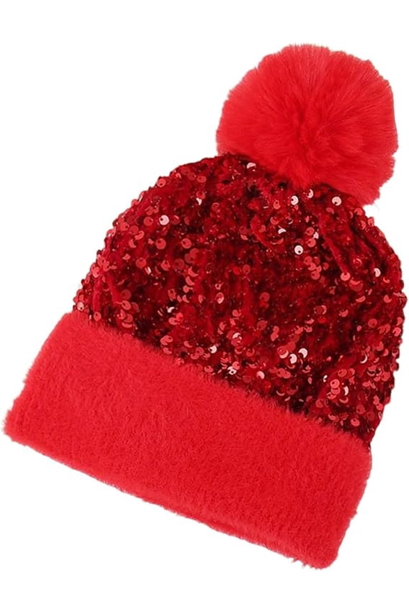 Winter Sparkly Sequin Fur Pom Beanie, Women Sequin Knitted Skull Cap(Red)