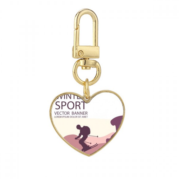 Winter Sport Ski Poles Pattern Gold Heart Keychain Metal Keyring Holder