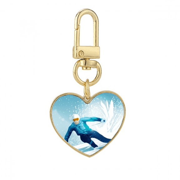 Winter Sport Skis and Ski Pole Illustration Gold Heart Keychain Metal Keyring Holder