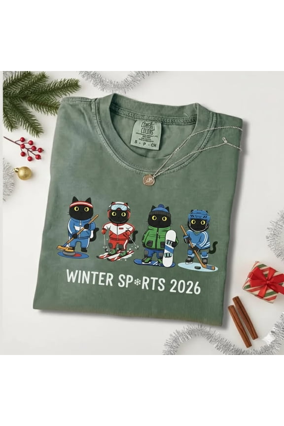 Winter Sports 2026 Black Cat Team Shirt, Ski Snowboard Curling Hockey Graphic Tee, Comfort Colors Unisex Cotton T-Shirt, Size S-3XL