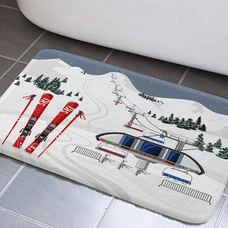 Winter Sports Bathroom Rug Mat, Ski Covered with Snow Trees and White Snow Mountain Non-Slip Bath Carpe, Fabric Extra Soft and Absorbent Bath Rugs(17"X29")