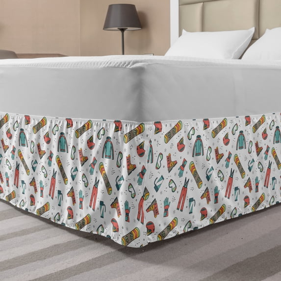 Winter Sports Bed Skirt, Snowboarding Skiing Equipment with Snow Recreation Travel Outdoor Graphic, Elastic Bedskirt Dust Ruffle Wrap Around for Bedding Decor, 4 Sizes, Multicolor, by Ambesonne