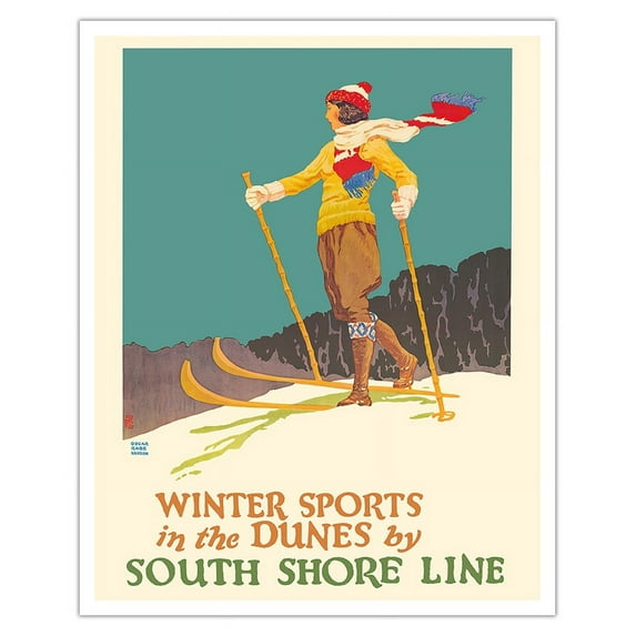 Winter Sports in the Dunes - South Shore Line - Chicago Lake Shore & South Bend Railroad - Vintage Travel Poster by Oscar Rabe Hanson c.1925 - Fine Art Matte Paper Print (Unframed) 16x20in