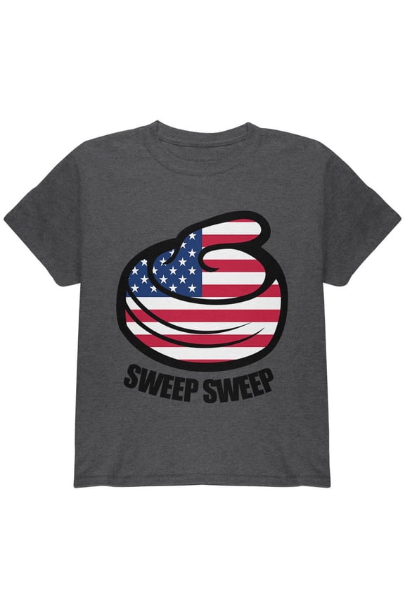Winter Sports Flag Curling Sweep Sweep USA Youth T Shirt Heather YMD
