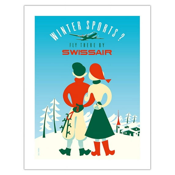 Winter Sports - Fly there by Swissair - Vintage Airline Travel Poster by Elli Sieber c.1950s - Bamboo Fine Art 290gsm Paper (Unframed) 17x22in