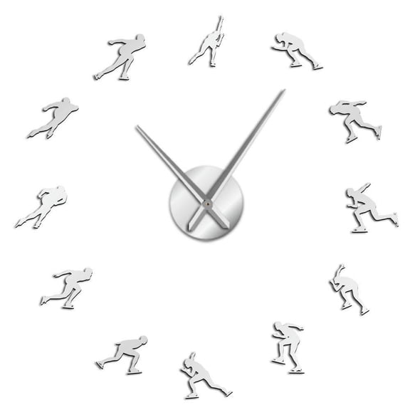Winter Sports Ice Speed Skating Large DIY Wall Clock Ice Skate Blade Home Decor Speed Roller Mirrors Surface Skater Wall Watch(Silver,27inch)