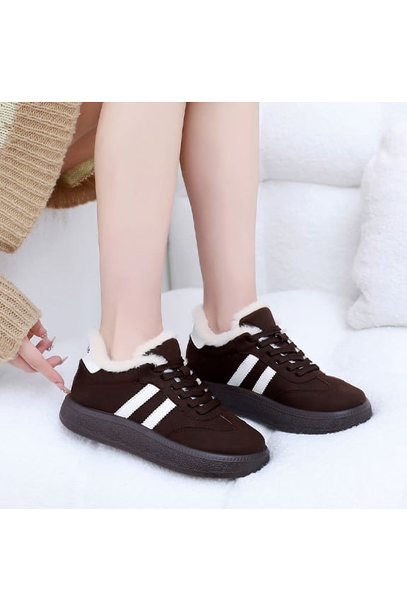 Winter Sports Travel Shoes, Fleece Lined Suede Casual Sneakers Winter Outdoor Strolling, Lace Up Thermally Insulated Running Shoes Sports Walking, Comfortable Flat Slip On Footwear, Coffee 6.5