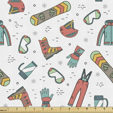 Ambesonne Winter Sports Fabric by the Yard Upholstery, Snowboarding Skiing, 1 Yard, Multicolor