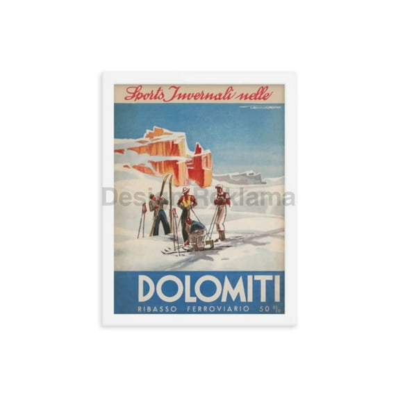 Winter Sports in the Dolomites, Italy circa 1936. Framed Vintage Travel Poster