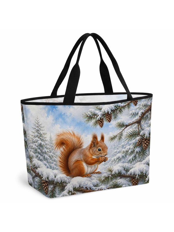 Winter Squirrel Beach Bag for Women, Large Breathable Mesh Beach Tote Bag, Christmas Wildlife Pine Tree Cones Snow Sandproof Lightweight Travel Bags for Vacation Picnic Swimming Pool 15.7"x15.7"x9.1"