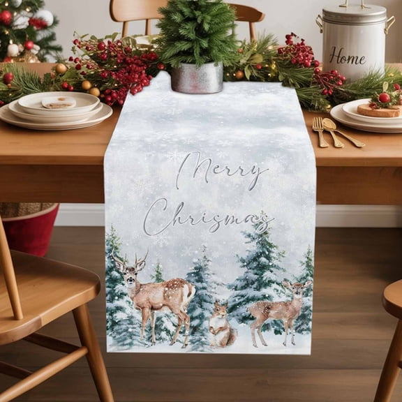 Winter Squirrel Elk Cotton Linen Table Runner Merry Christmas Christmas Tree Dining Table Runners for Home Decor Party Dining Room Restaurant Kitchen Party 13" x 48"