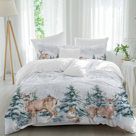 Winter Squirrel Elk Duvet Cover Set Queen Size, Merry Christmas Christmas Tree 4 Piece Soft Microfiber Bedding Set with 1 Duvet Cover, 1 Flat Sheet, 2 Pillowcases