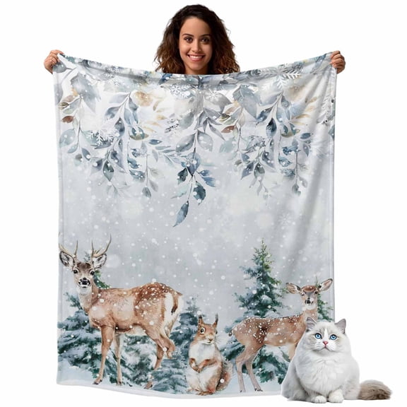 Winter Squirrel Elk Fleece Throw Blanket Lightweight Christmas Leaves Floral Xmas Tree Fuzzy Flannel Throws Super Soft Cozy Flannel Blanket for Couch, Sofa, Bed, Travel 50"x60"