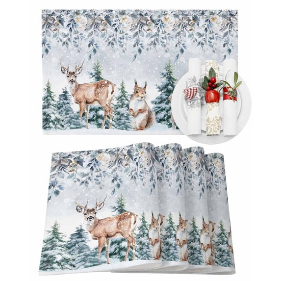 Winter Squirrel Elk Placemats Set of 2 Christmas Leaves Floral Xmas Tree Heat Insulation Washable Place Mats, Rustic Non-Slip Table Mats for Dining Table Party Kitchen Decor,13x19 Inch