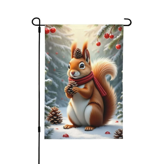 Winter Squirrel Garden Flag 12x18 Inch Double Sided Outdoor Decor Cute Red Squirrel With Pine Cone & Scarf Holiday Yard Flag Farmhouse Christmas Lawn Decoration