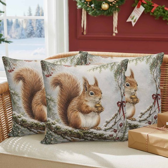 Winter Squirrel Outdoor Waterproof Throw Pillow Covers Set of 2, 16"x16", Country Dreamy Forest Pine Cone Tree Berry Bow Tie Decorative Pillow Covers Outside Cushion Case for Patio Porch Garden