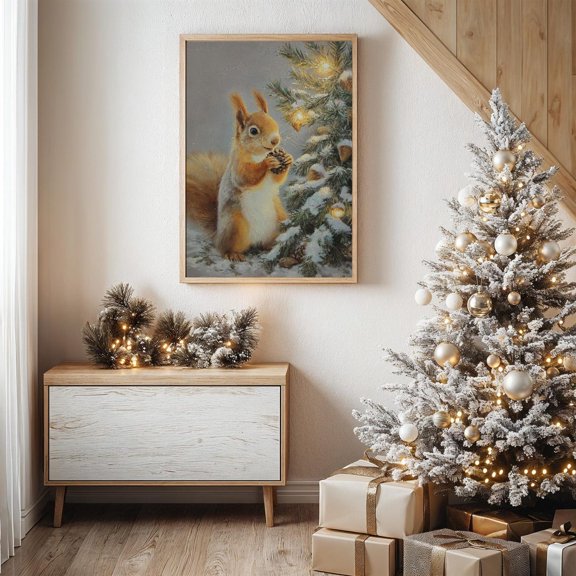 Winter Squirrel Pinecone Tree Wall Art Home Decor Unframed Paper Print