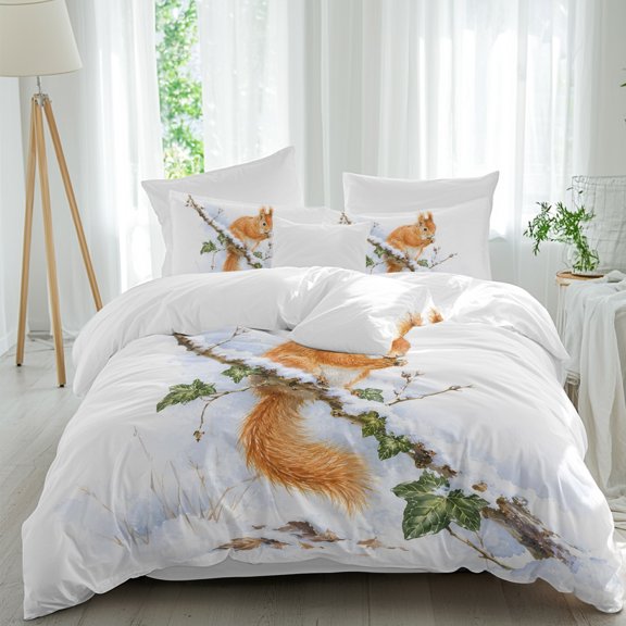 Winter Squirrel Queen Duvet Cover Set, Country Minimalist Farmhouse Tree Snow Green Leaf 4 Piece Soft Cozy Comforter Cover Bedding Set with Zipper, 1 Duvet Cover, 1 Flat Sheet, 2 Pillowcase