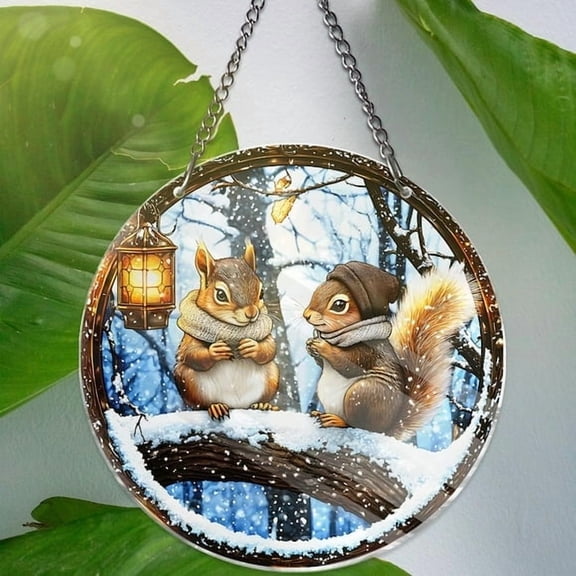 Winter Squirrel Window Hanging Decor Cute Woodland Animal Faux Stained Glass Suncatcher Cozy Forest Decor for Holiday Winter Gift