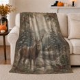 thumbnail image 1 of Winter Stag in Snowy Pine Forest with Cabin and Holly Berries, Rustic Wildlife Scene, Evergreen Border Motif Warm Flannel Blanket, Christmas Gift for Cabin Home Decor, 1 of 9
