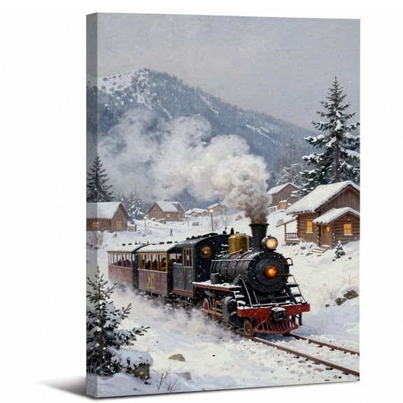 Winter Steam Train Canvas Wall Art Framed,Christmas Vintage Locomotive Snowy Mountain canvas print for bathroom bedroom or living room decor,8x12in