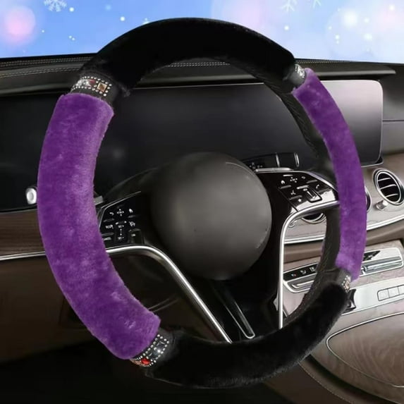 Winter Steering Wheel Cover Fluffy Warm Plush Anti-Slip Wear-Resistant with Bling Diamond 15 Inch Universal Steering Wheel Protector Interior Decoration