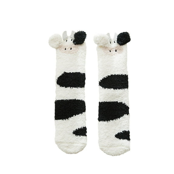 Winter Stereoscopic Cow Design Socks Stylish Thicken Floor Socks Coral Fleece Socks Fashion Middle Tube Stockings for Girls Lady- One Size