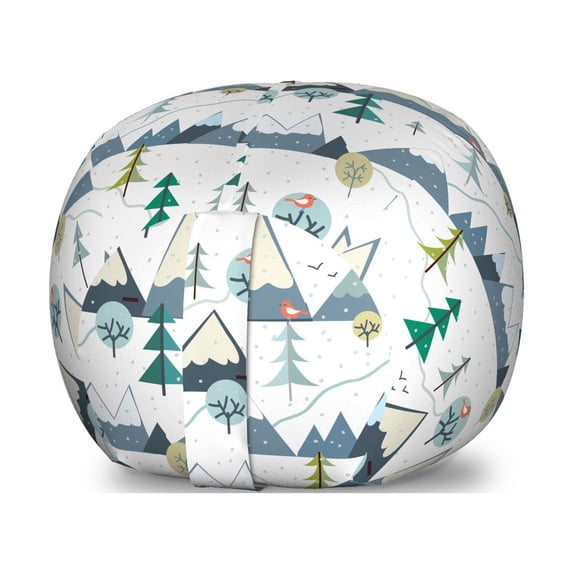 Winter Storage Toy Bag Chair, Cartoonish Snowy Landscape of Abstract Trees and Mountains with Birds Image, Stuffed Animal Organizer Washable Bag, Large Size, Multicolor, by Ambesonne