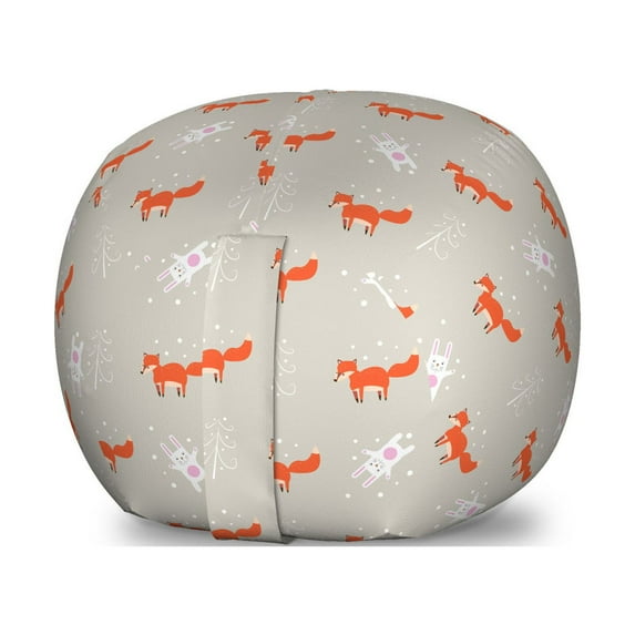 Winter Storage Toy Bag Chair, Christmas Theme Foxes and Rabbits Having Fun in Pine Forest Cartoon Pattern, Stuffed Animal Organizer Washable Bag, Small Size, Pearl and Vermilion, by Ambesonne