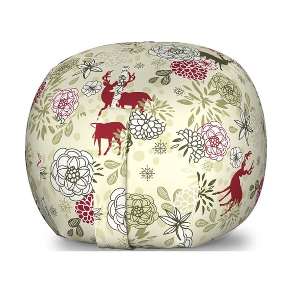 Winter Storage Toy Bag Chair, Deer Silhouettes with Blossoming Flowers Abstract Christmas Nature, Stuffed Animal Organizer Washable Bag, Small Size, Olive Green Pale Green, by Ambesonne