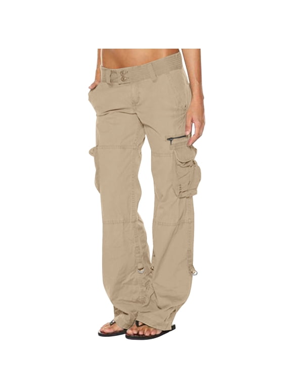 Winter Straight Cargo Pants for Women Solid Color Hiking Ankle Trousers with Multi-Pockets Loose Buckle Waist Pant