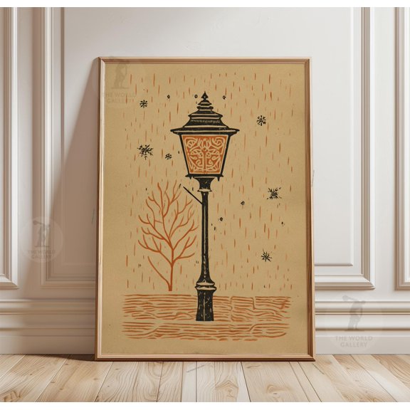 Winter Street Lamp Poster, Snowfall Wall Art, Paper Print, Poster Only