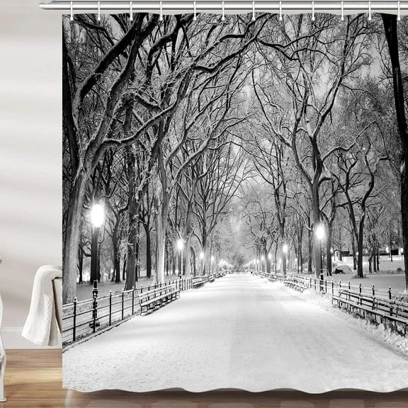Winter Street View Shower Curtain, New York Central Park Night Snow Tree Christmas Bath Curtains Set, Polyester Fabric Upgrade Bathroom Accessories Decor 12 Hooks Included, 72X84 Inches
